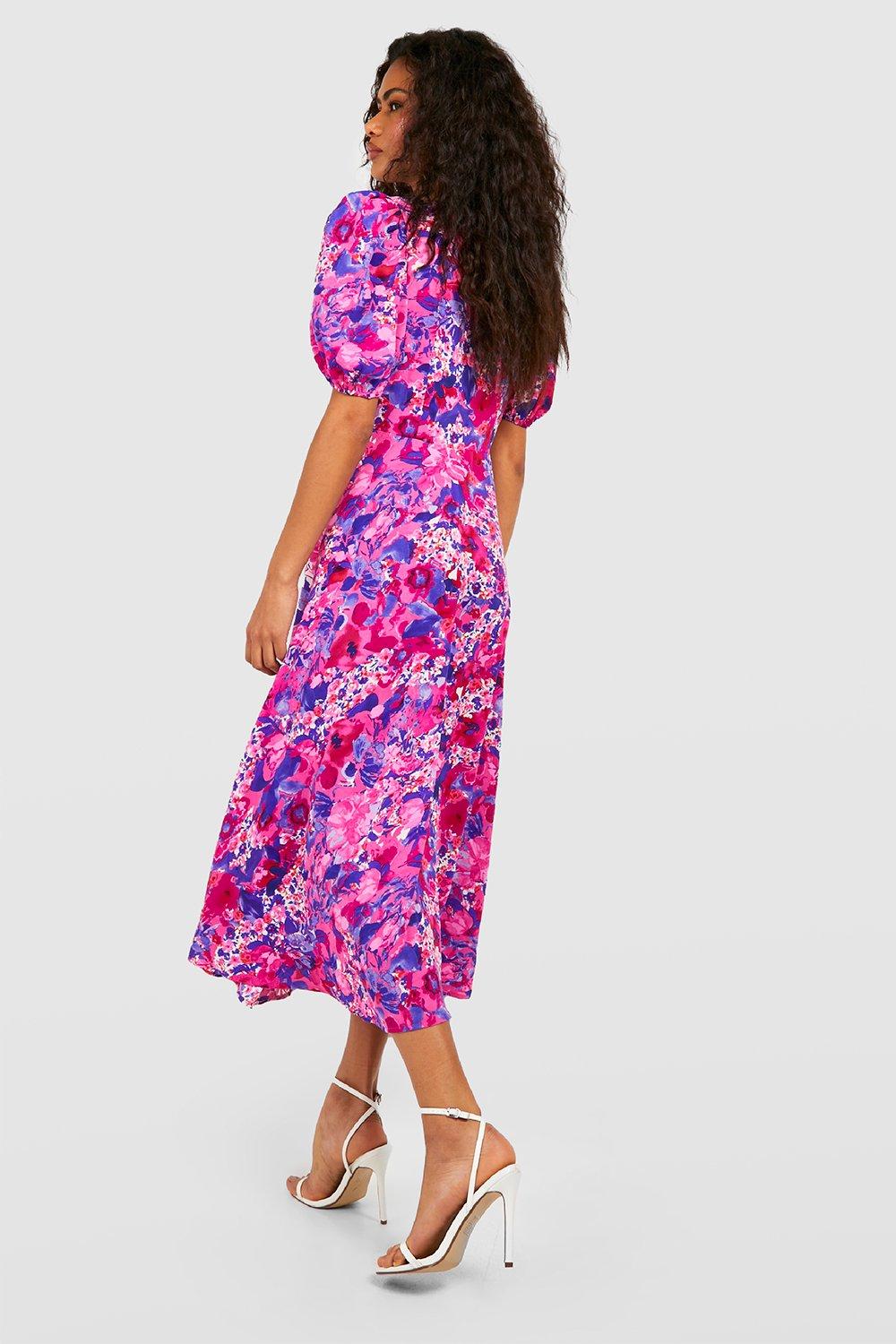Floral Puff Sleeve Button Through Midi Dress | boohoo USA Floral Puff Sleeve Button Through Midi Dress | boohoo USA